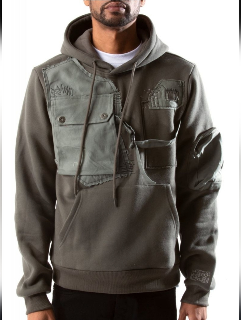 💨Smoke Rise Mens Utility Field Cargo Hoodie - Gray Distressed Patchwork - Sz XL